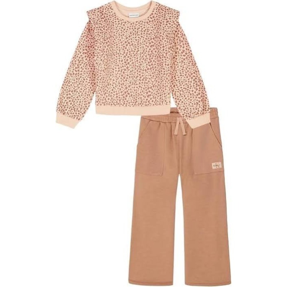 Calvin Klein Jeans Girls 2Piece Leopard Sweatshirt and Wide Leg Pants Set Pink 6